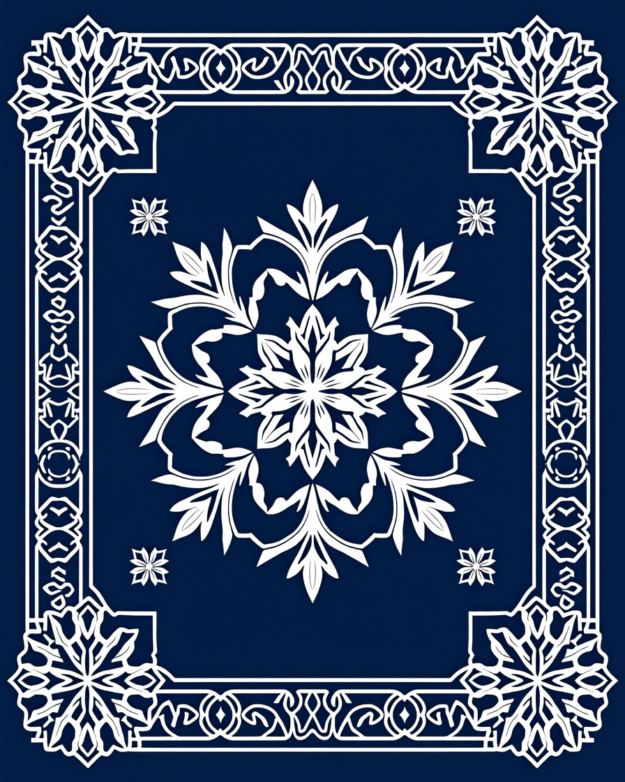 Deep Blue Mandala Snowflakes Frame Rug