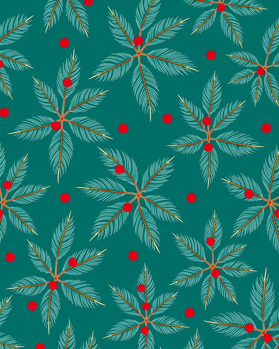 Green Teal Palm Leaf Red Berry Rug