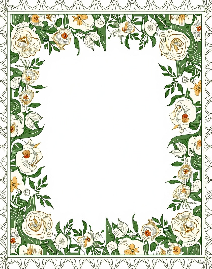 Elegant Floral Border With Cream Green Blooms Rug