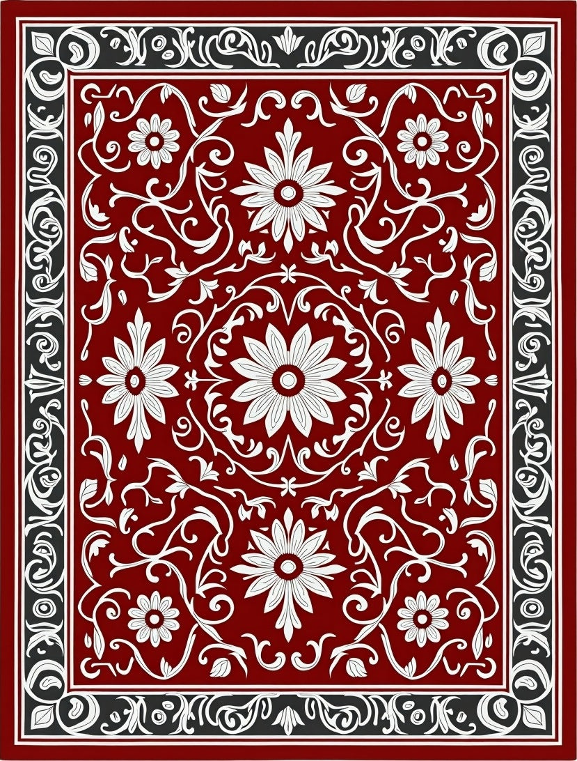 Rich Red Floral Scroll Work Rug