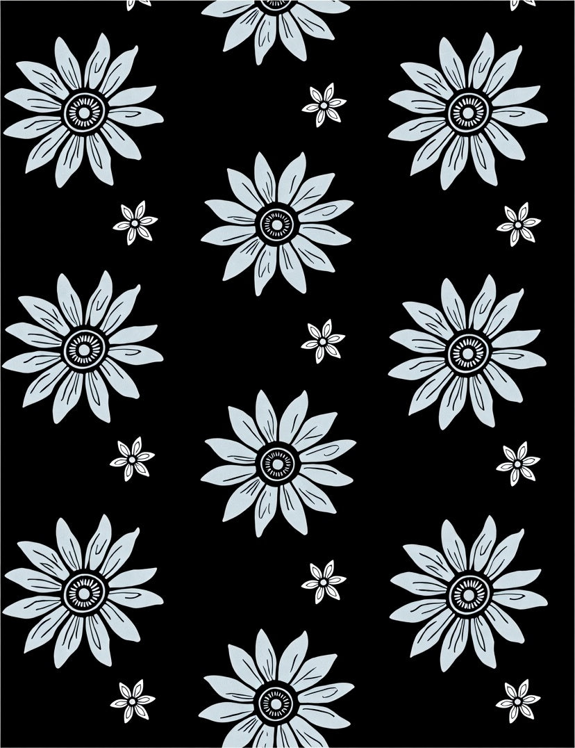Black Pale Blue Floral Pattern Rug