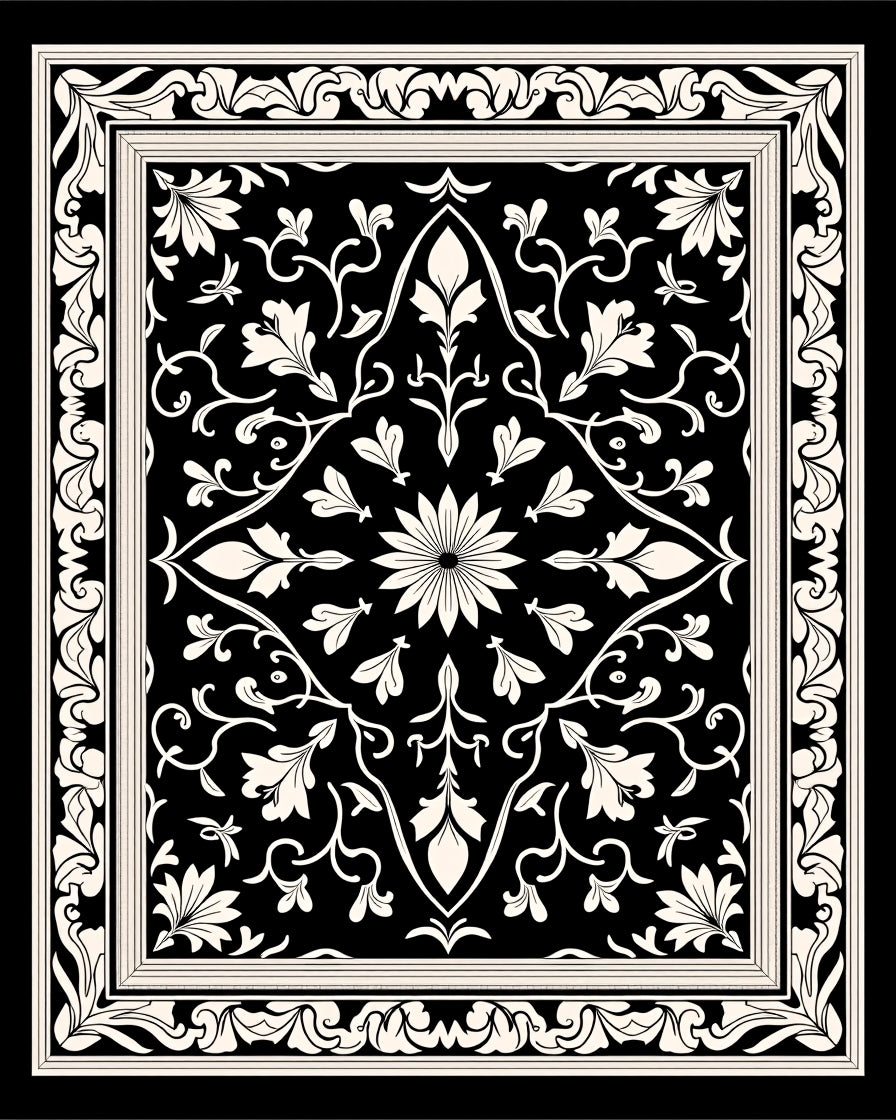Classic Black White Floral Pattern Rug