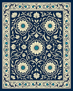 Navy Cream Floral Medallion Border Design Rug