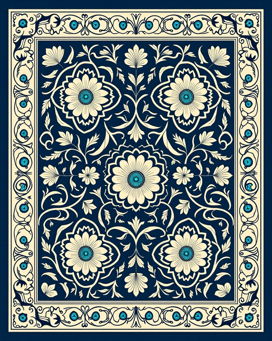 Navy Cream Floral Medallion Border Design Rug