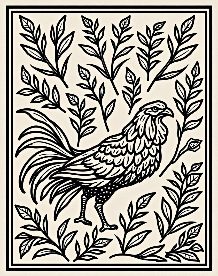 Bold Rooster Floral Line Art Rug