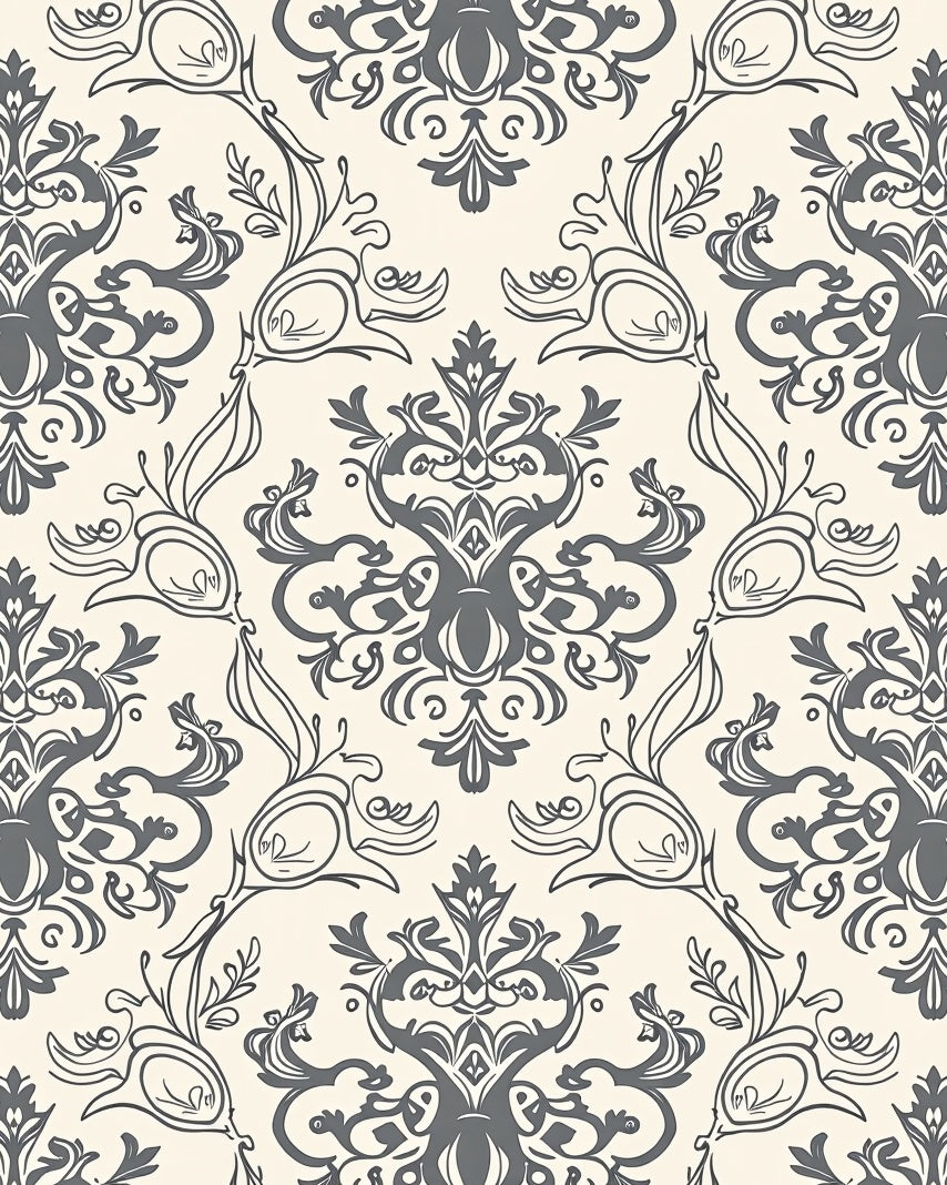 Grey Ivory Classic Floral Damask Rug