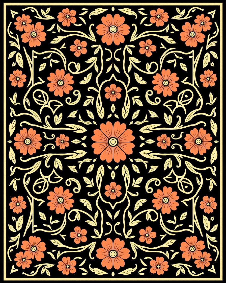 Coral Orange Floral Black Garden Rug