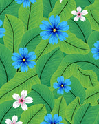 Tropical Green Leaves Blue Flowers Rug
