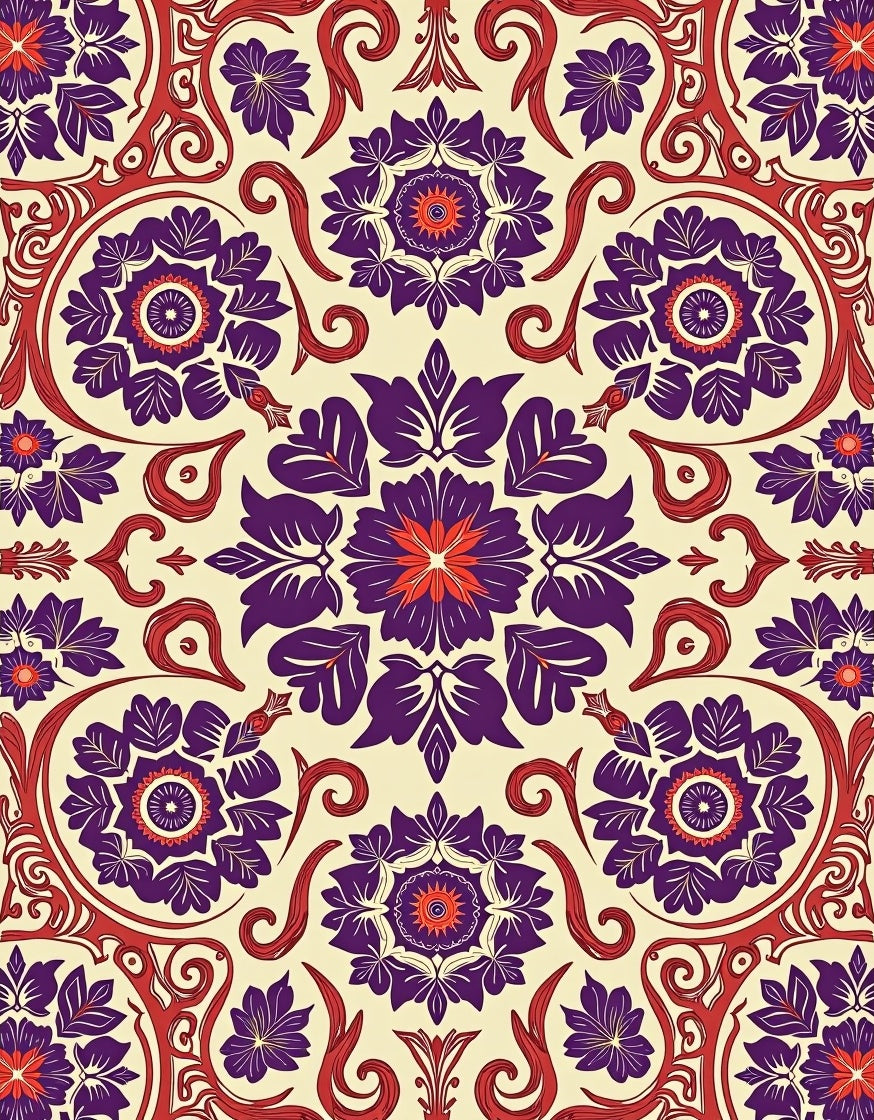 Ornate Floral Patterned Red Purple Rug