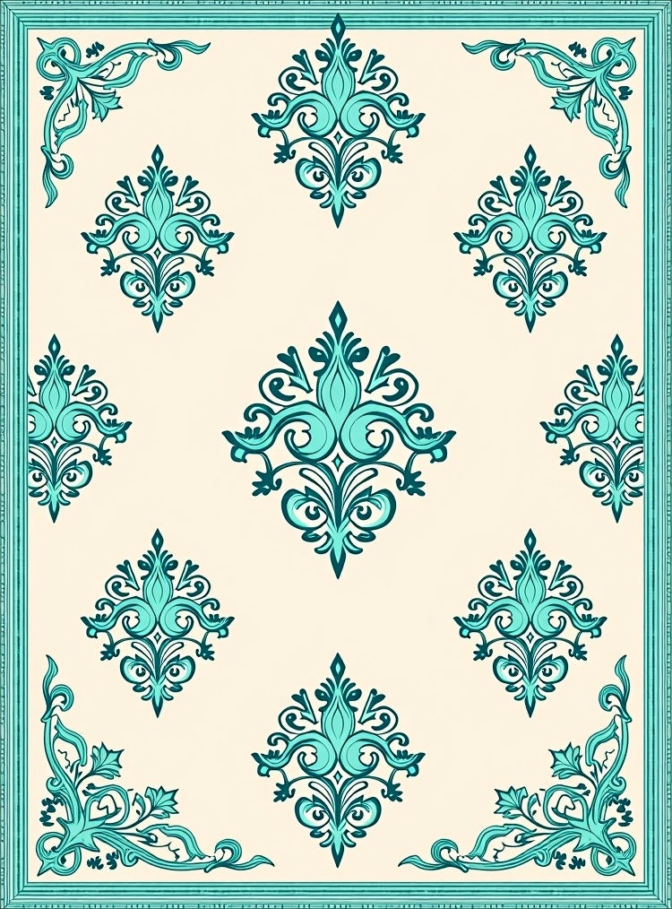 Turquoise Floral Damask Scrollwork Pattern Rug