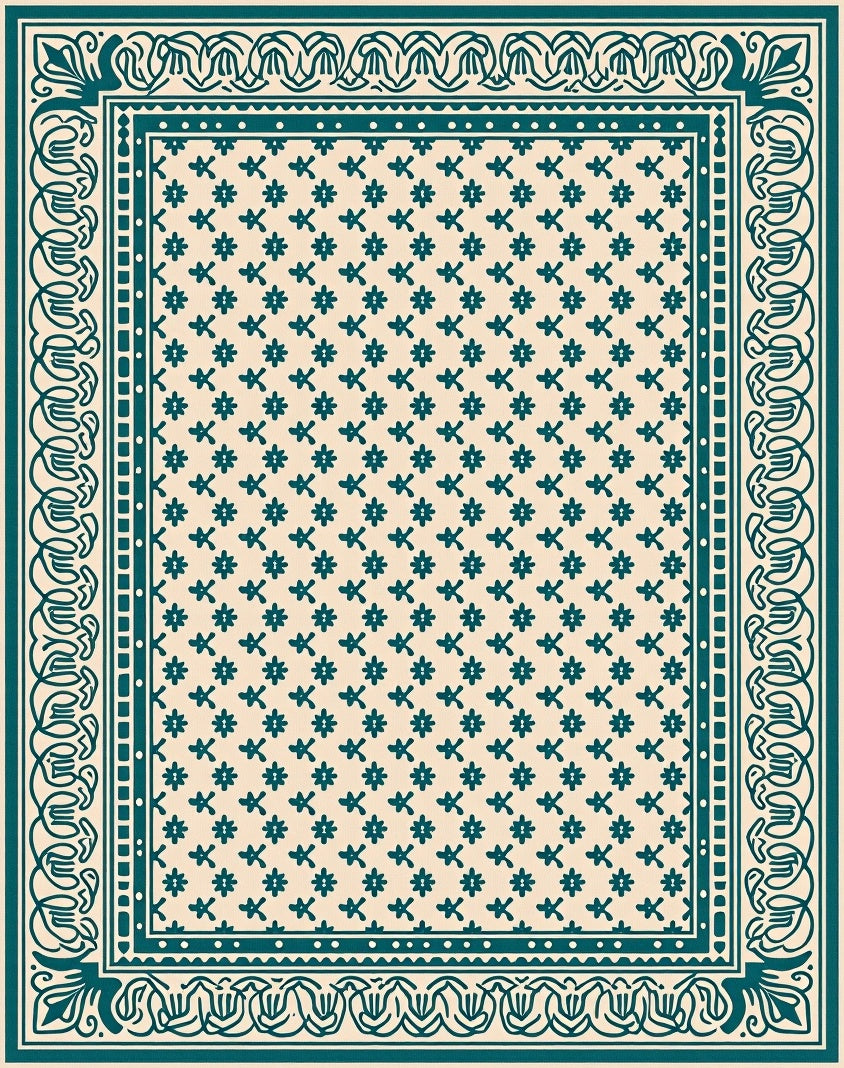 Damask Floral Patterned Teal Rug
