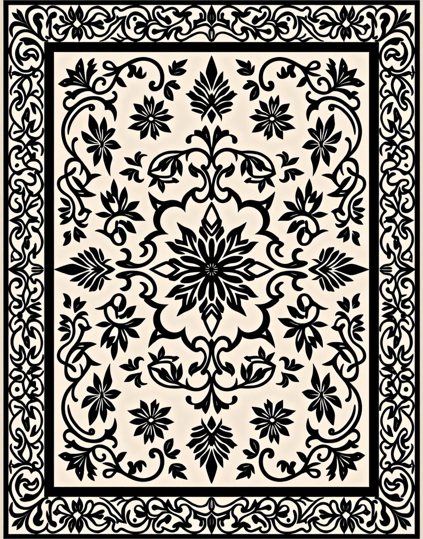 Elegant Black Floral Scrollwork Design Rug