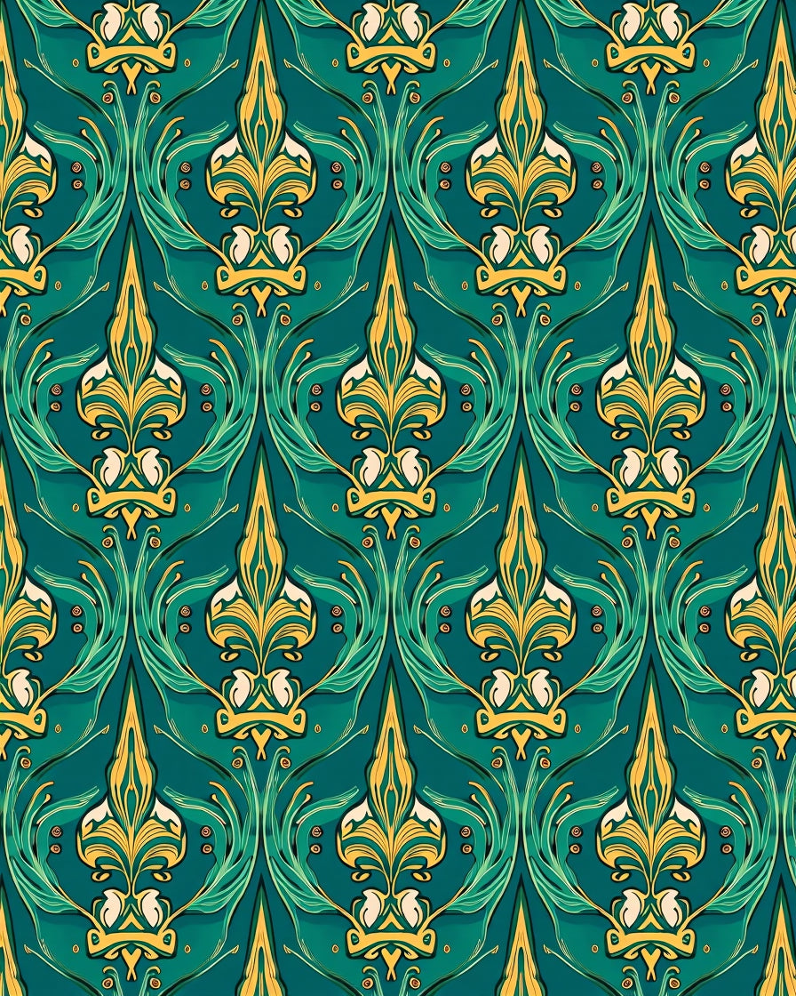Art Nouveau Royal Fleur-de-Lis Green Gold Pattern Rug