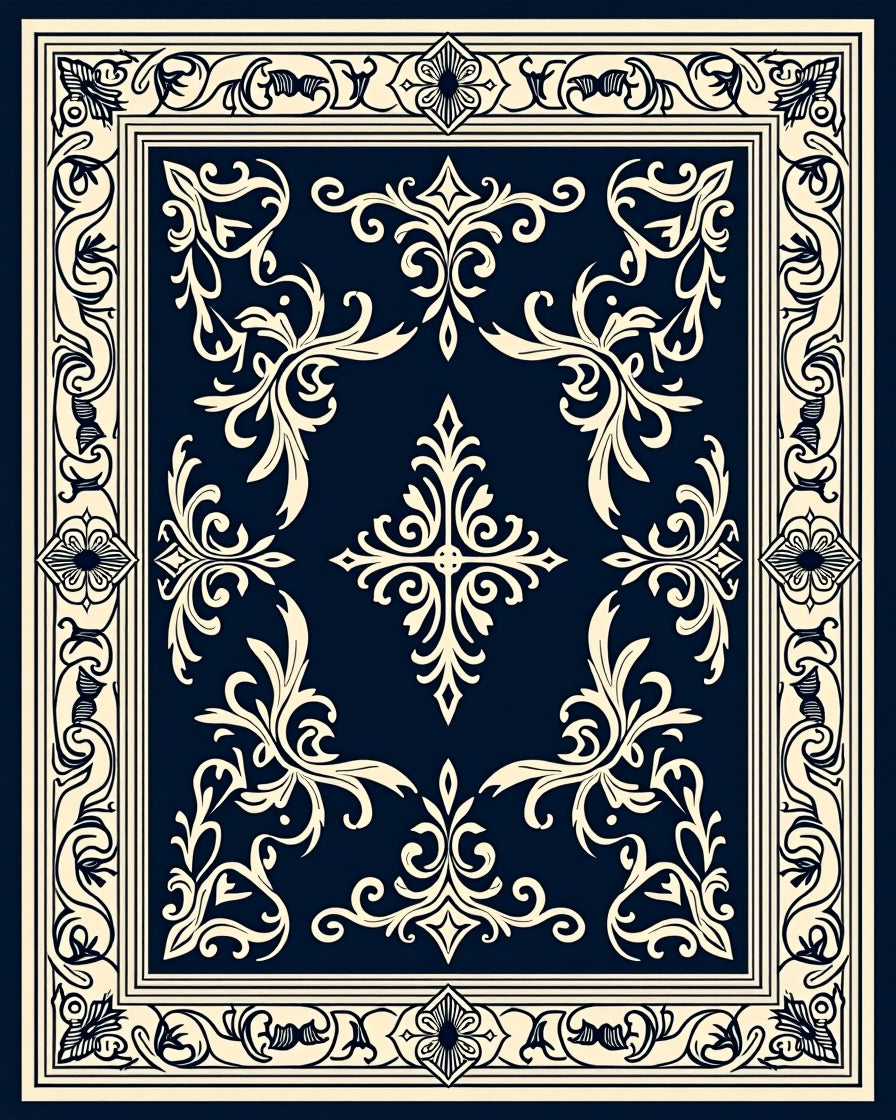Elegant Dark Blue Floral Scroll Border Rug