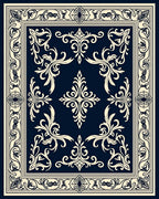 Elegant Dark Blue Floral Scroll Border Rug