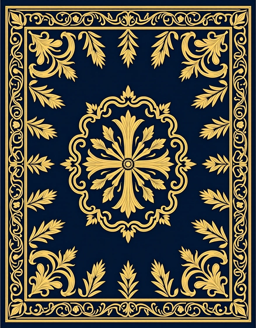 Royal Blue Gold Traditional Floral Design Rug