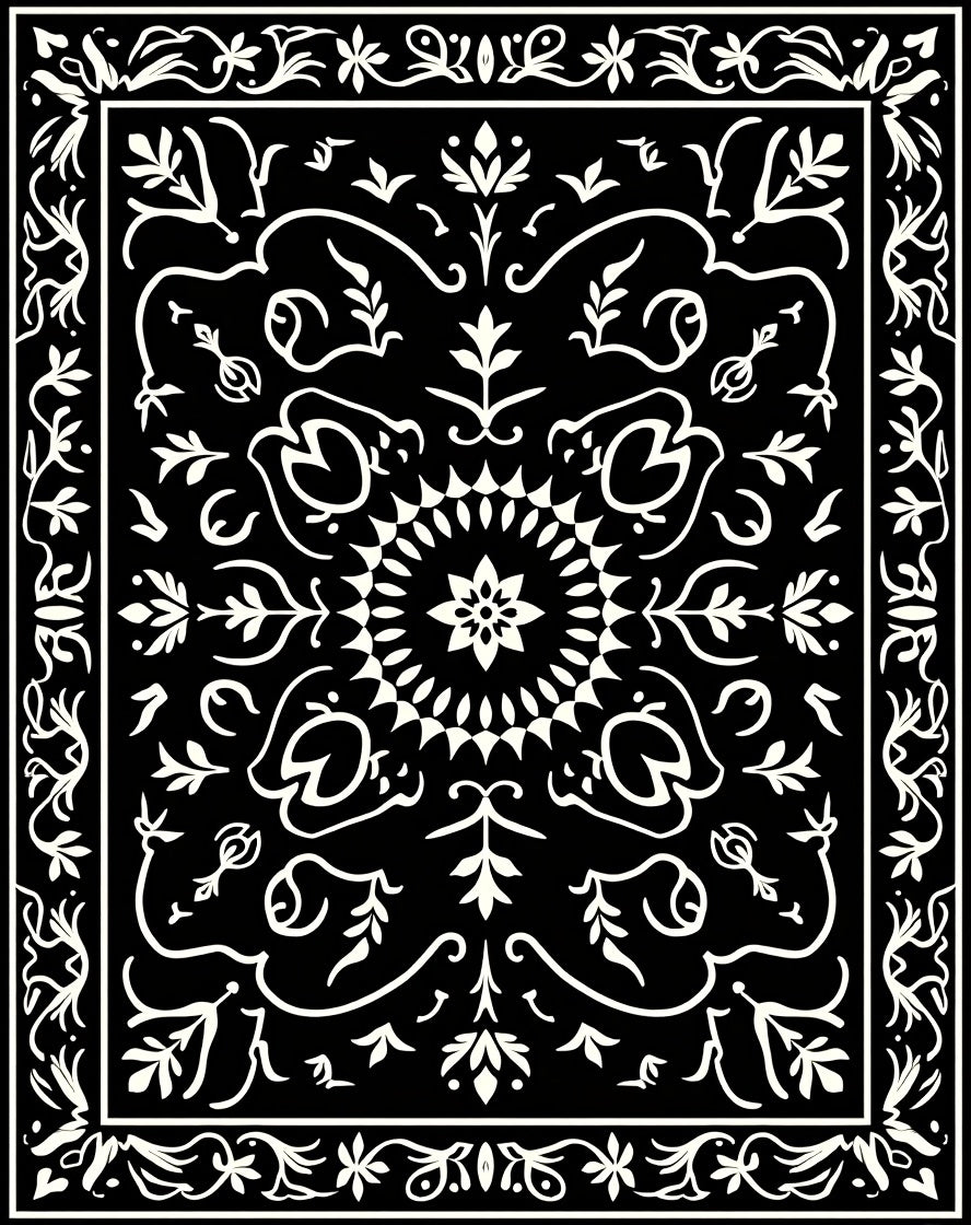Black White Floral Medallion Design Rug