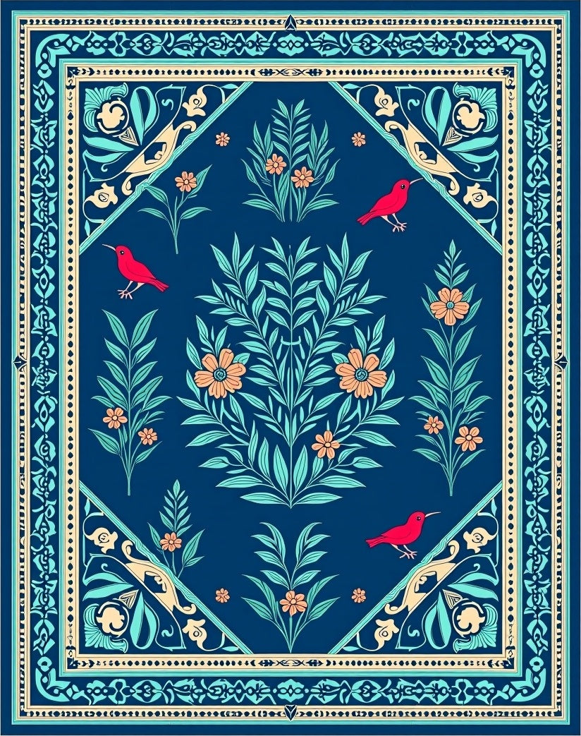 Deep Blue Floral Bird Tapestry Design Rug
