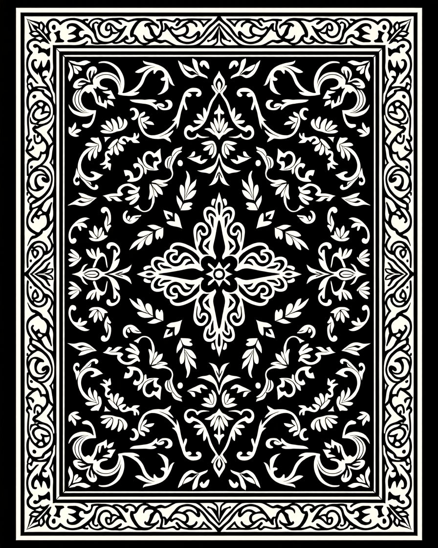 Ornate Black White Floral Pattern Rug