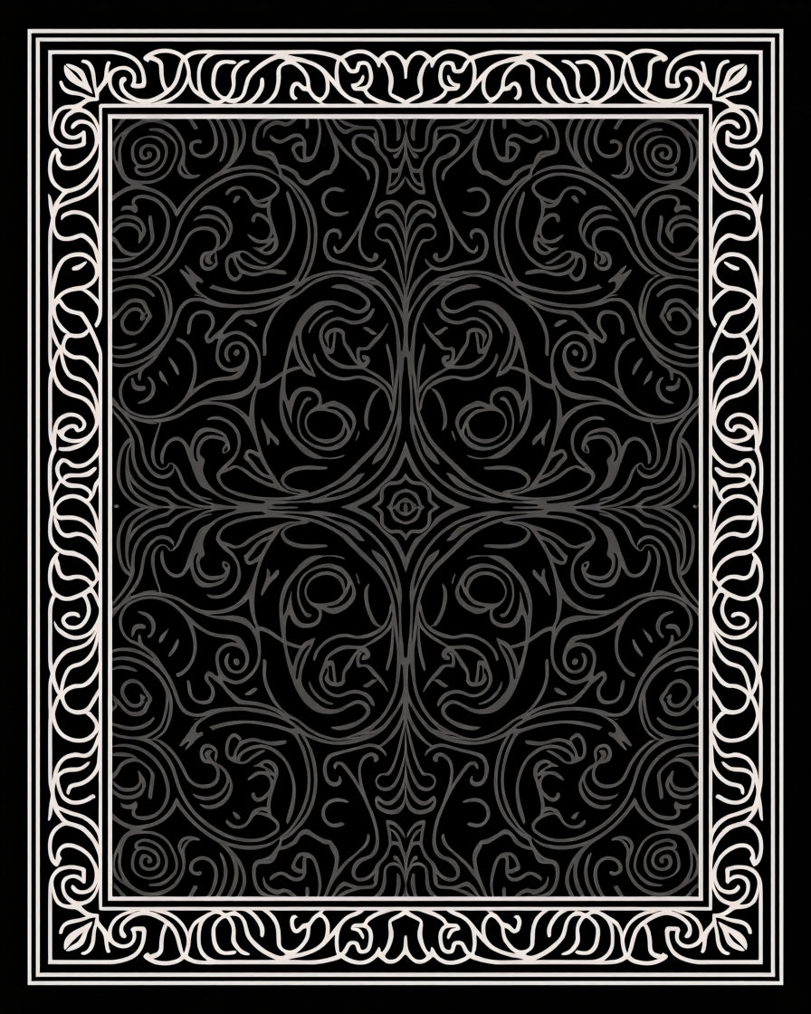 Ornate Scrollwork Black White Rug