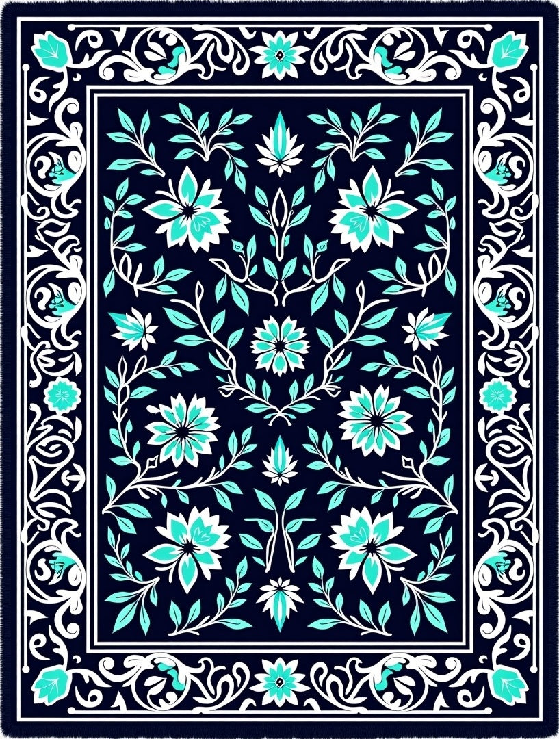 Turquoise Floral Vine Pattern Rug