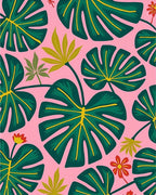 Vibrant Pink Green Tropical Foliage Rug