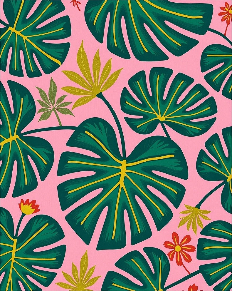 Vibrant Pink Green Tropical Foliage Rug