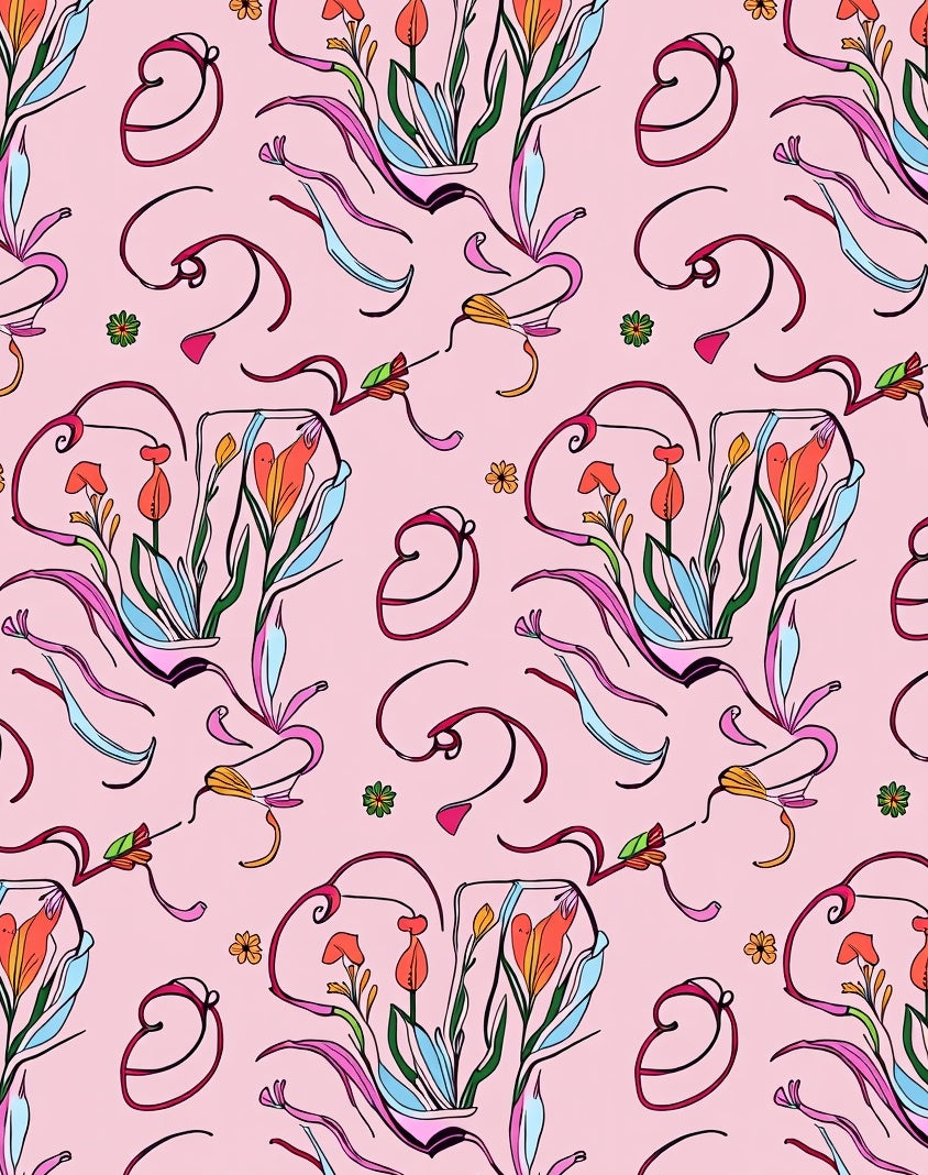 Pink Floral Whimsical Outline Pattern Rug