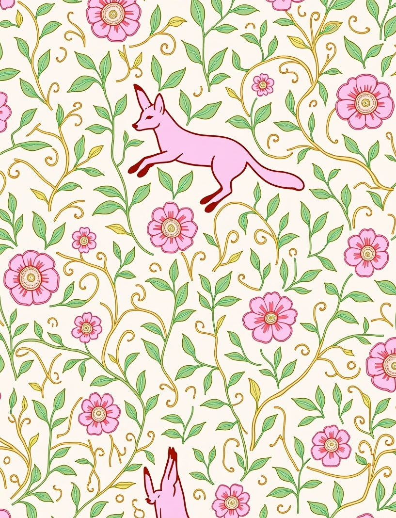 Pink Fox Floral Vine Pattern Rug