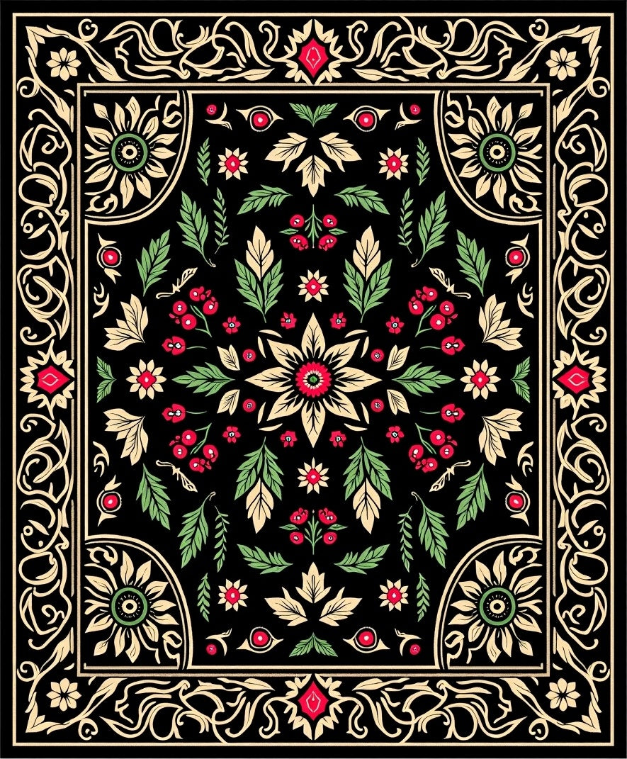 Black Folk Art Floral Medallion Rug