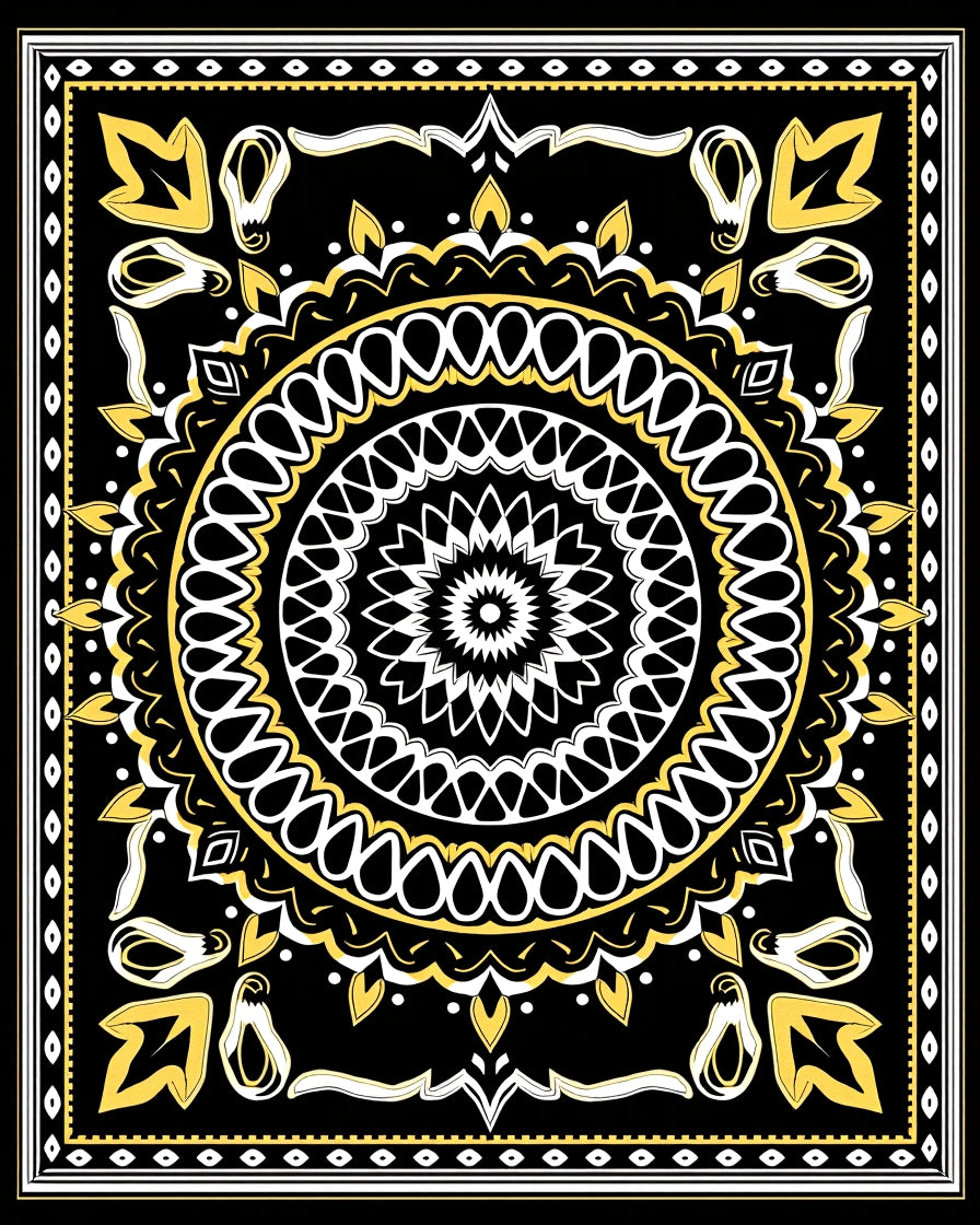 Bold Black Yellow Ornamental Mandala Rug
