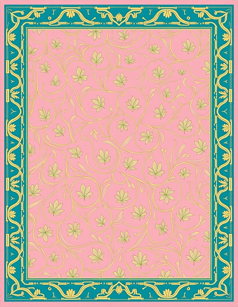 Pink Floral Vines Geometric Border Design Rug