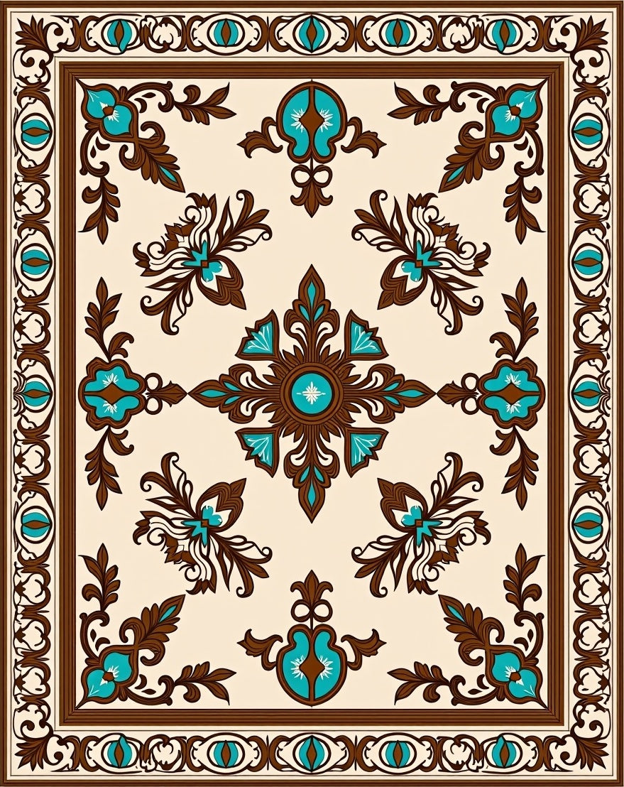 Ornate Turquoise Brown Floral Pattern Rug