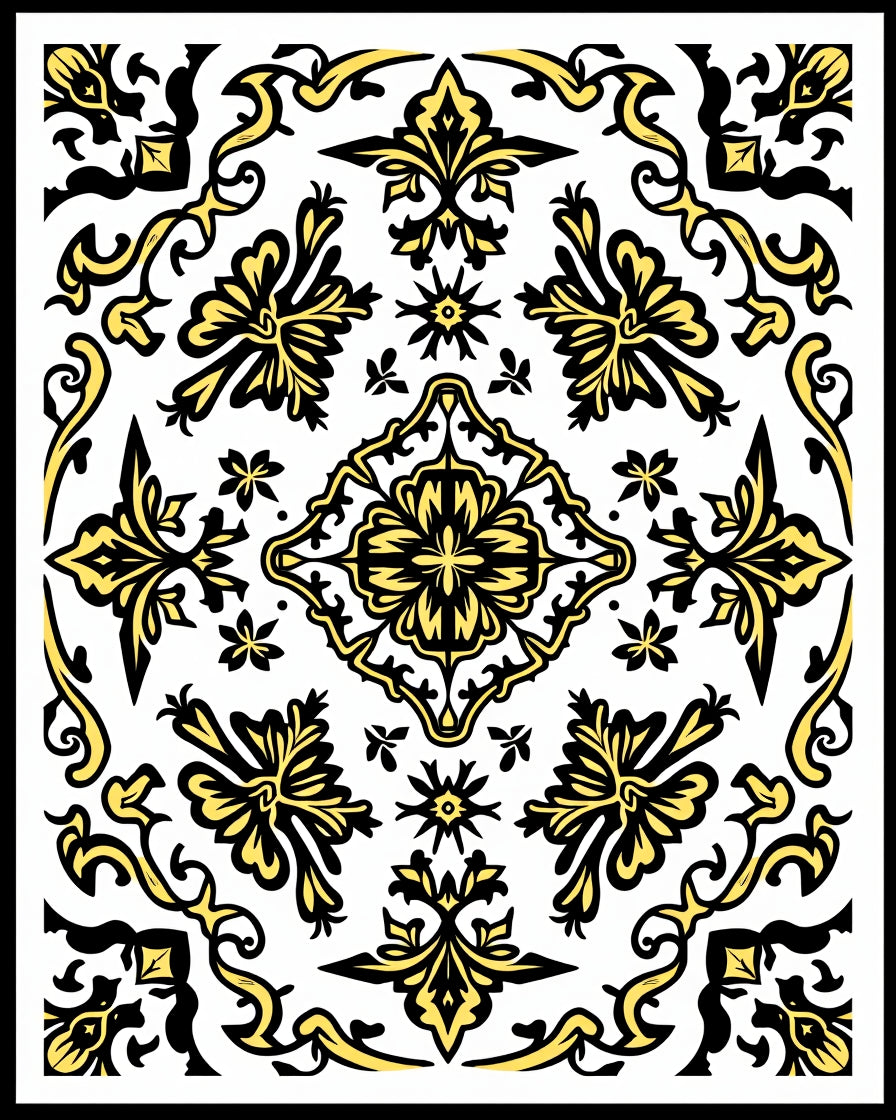 Classic Yellow Black Damask Design Rug