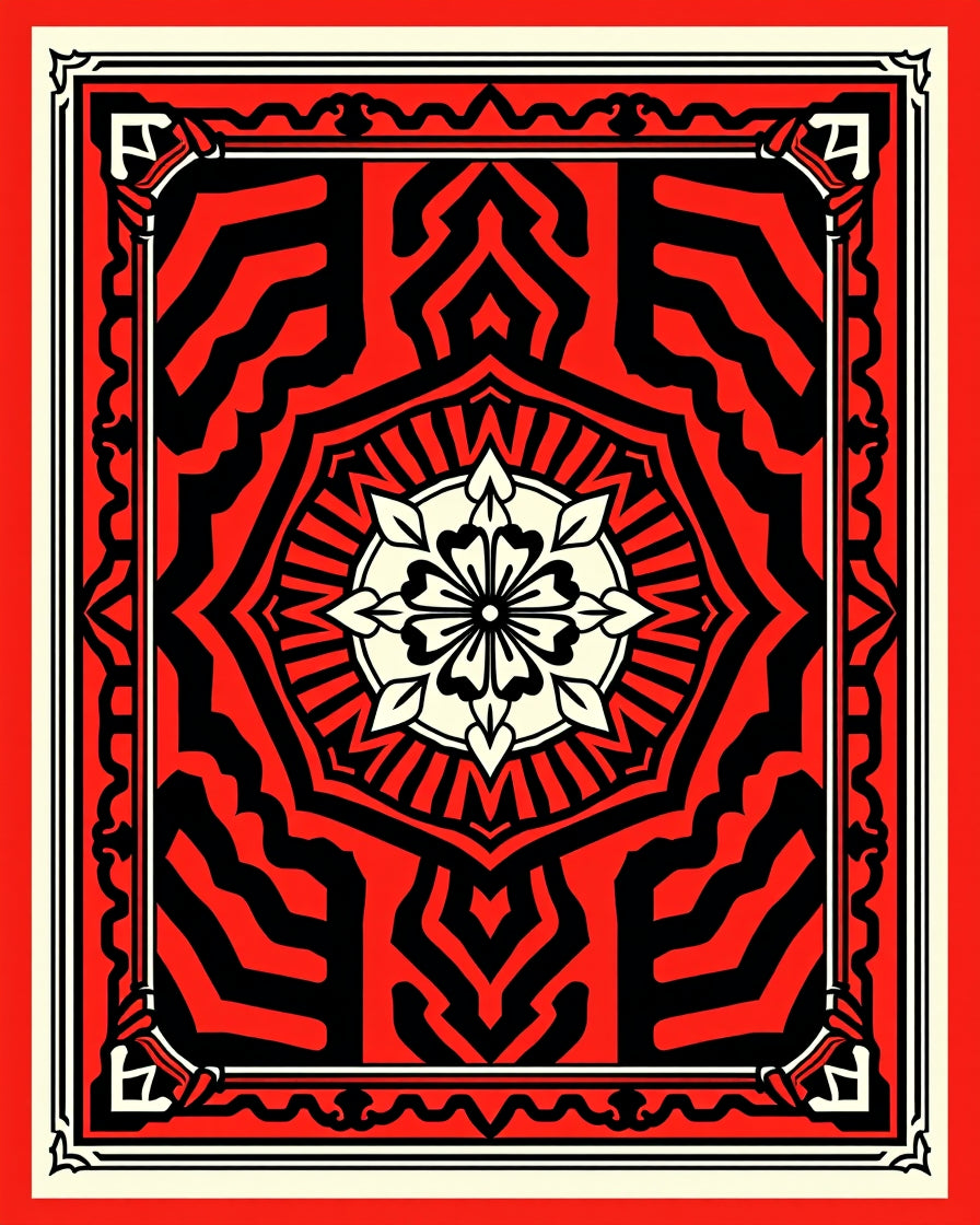 Bold Red Black Floral Mandala Pattern Rug