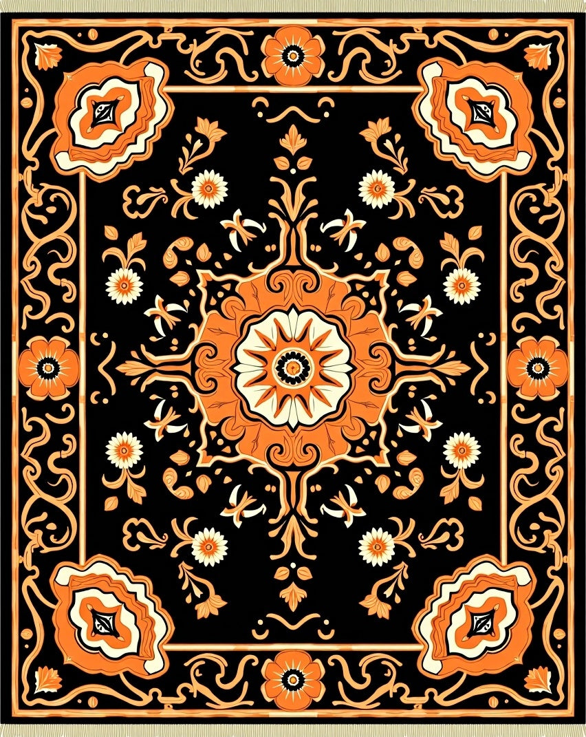 Vintage Orange Floral Medallion Black Rug