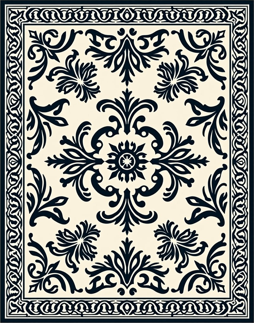 Elegant Scrollwork and Floral Damask Design Rug