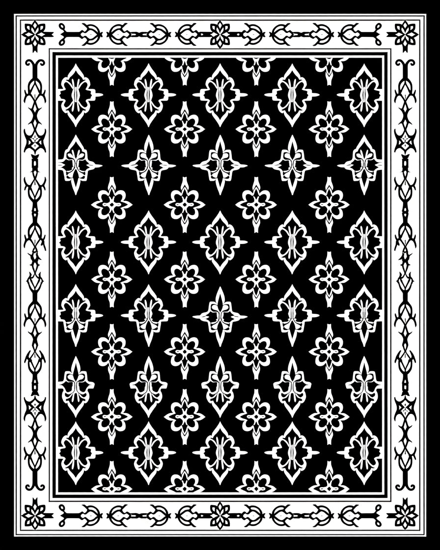 Classic Black White Floral Tile Rug