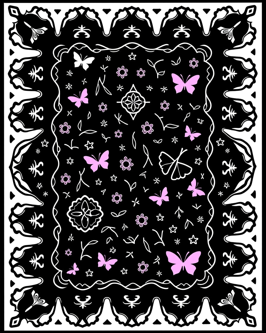 Whimsical Pink Butterfly Botanical Pattern Rug