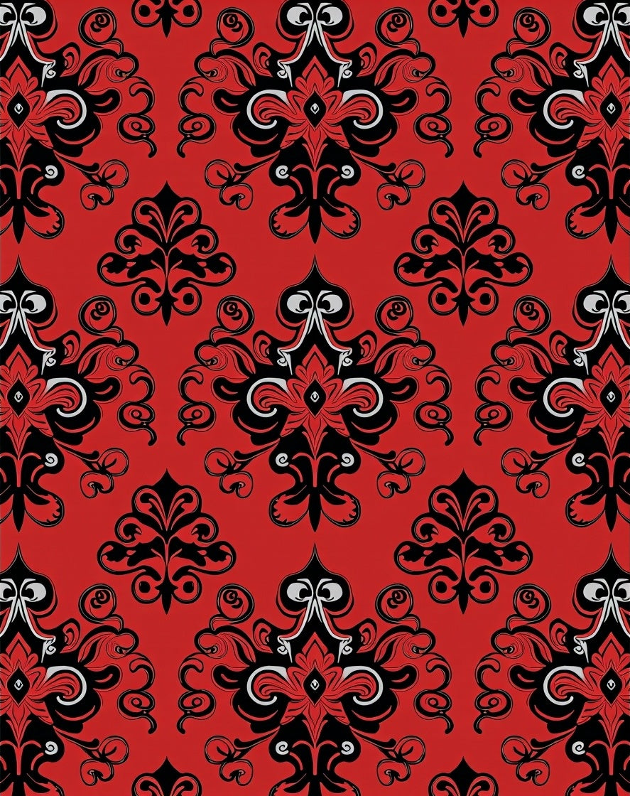 Bold Red Black Filigree Damask Rug