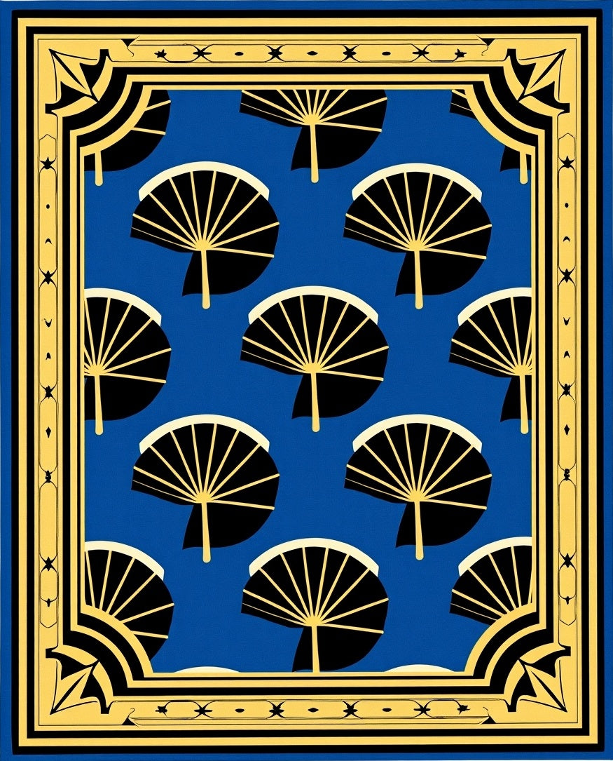 Blue Fan Pattern Art Deco Rug