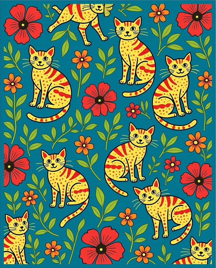 Yellow Cat Floral Pattern Rug