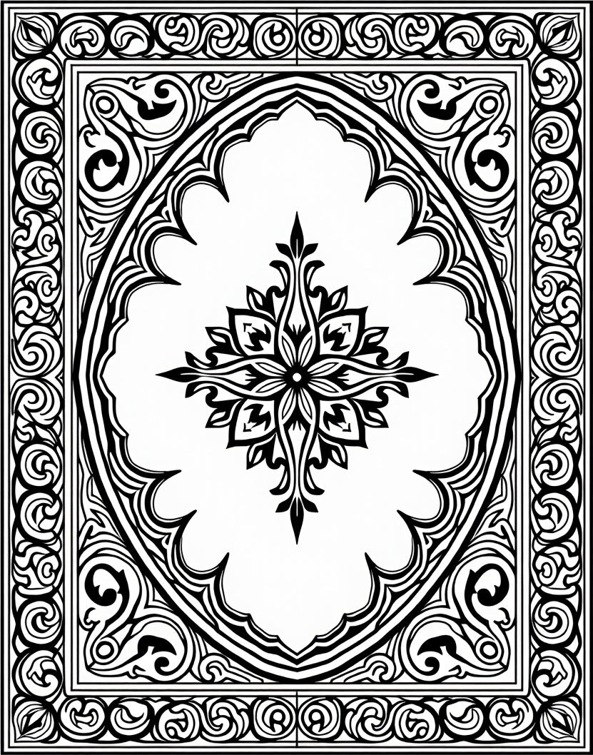 Ornate Floral Frame Black and White Design Rug