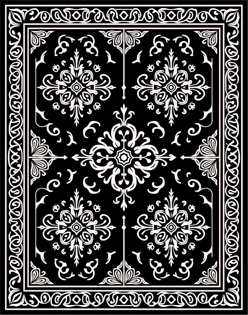 Black White Elegant Floral Pattern Rug