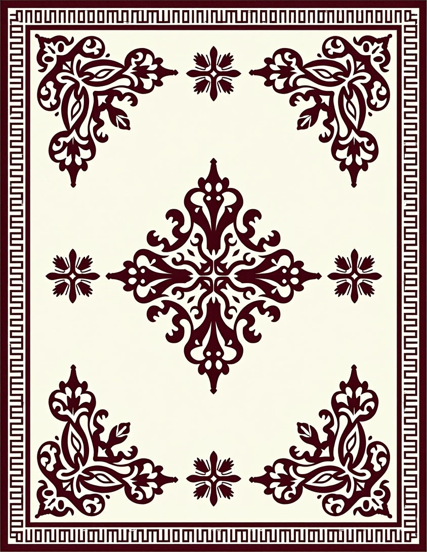 Ornate Burgundy Scrollwork Mandala Design Rug