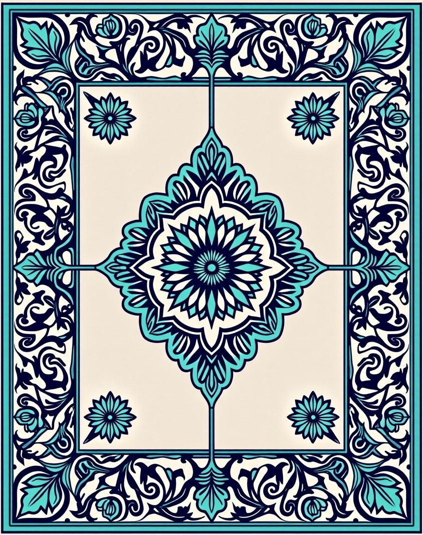 Vibrant Teal Floral Medallion Pattern Rug