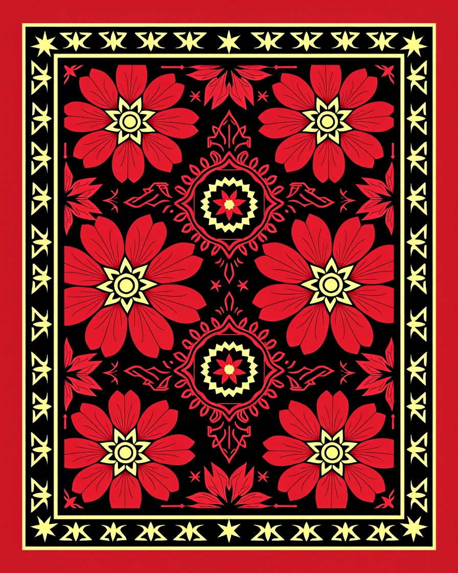 Bold Red Floral Geometric Design Rug