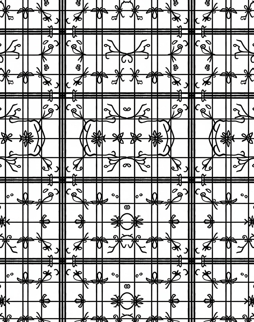 Black White Grid Floral Scroll Arrangement Rug