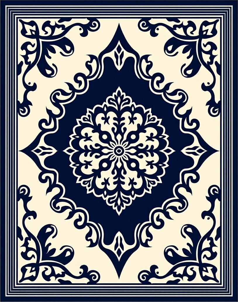 Classic Navy Cream Mandala Motif Rug