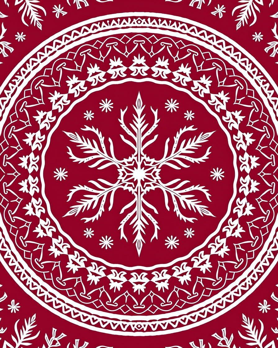 Crimson Scandinavian Snowflake Mandala Design Rug